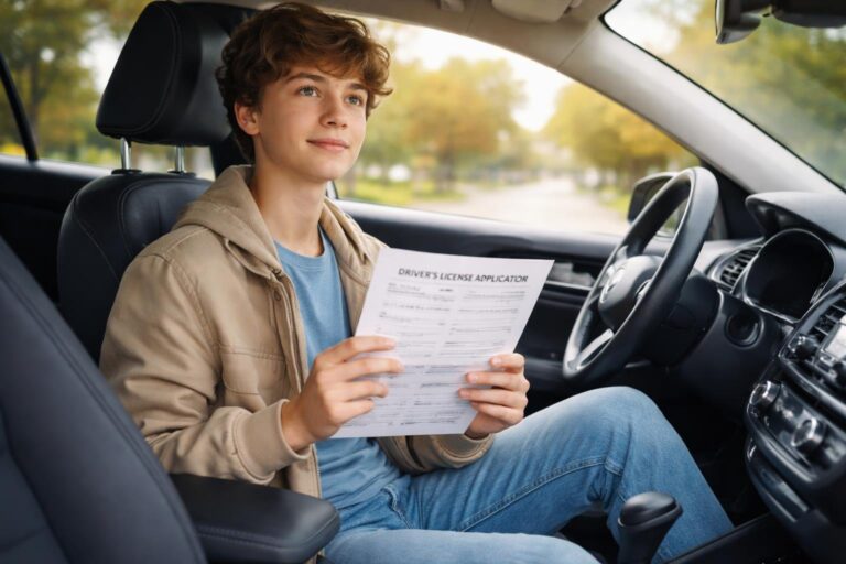 Jovem sentado no banco do motorista de um carro, segurando um formulário de solicitação de carteira de motorista, com expressão pensativa.