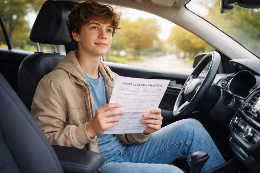 Jovem sentado no banco do motorista de um carro, segurando um formulário de solicitação de carteira de motorista, com expressão pensativa.
