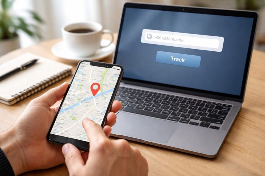Pessoa segurando um smartphone mostrando um mapa com um marcador de localização, com um laptop ao lado exibindo uma interface de rastreamento de celular em uma mesa de trabalho.