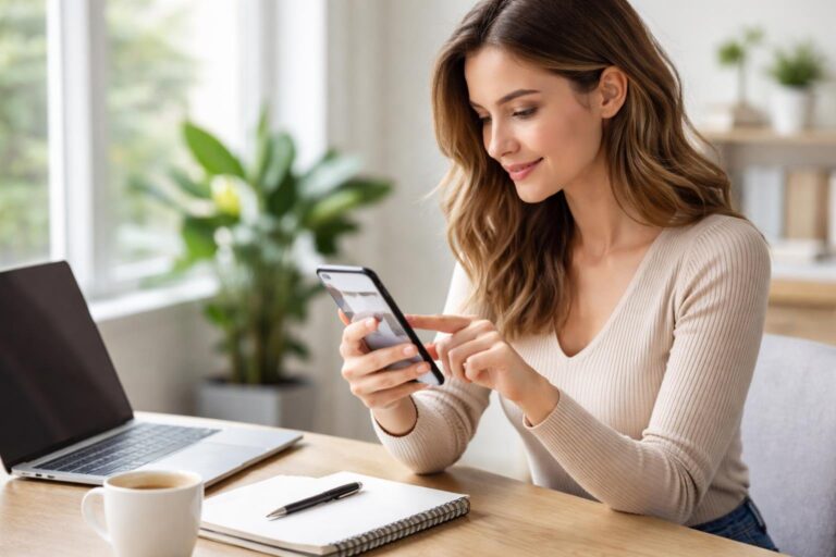 Pessoa sentada em uma mesa moderna usando um smartphone com um laptop e plantas ao redor.
