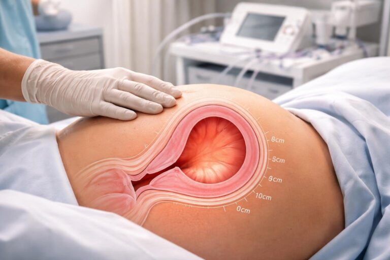 Médica examinando a barriga de uma mulher grávida em um ambiente hospitalar, com ilustração da dilatação do colo do útero.