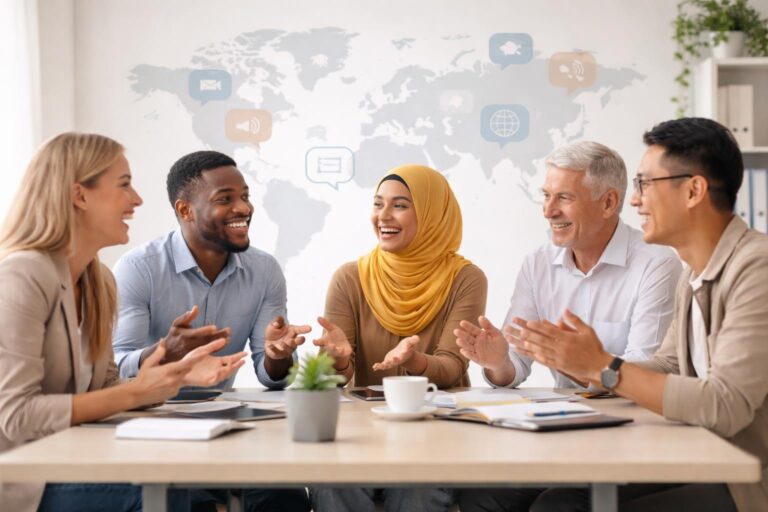 Cinco pessoas de diferentes culturas conversando animadamente em uma mesa de reunião em um escritório moderno.