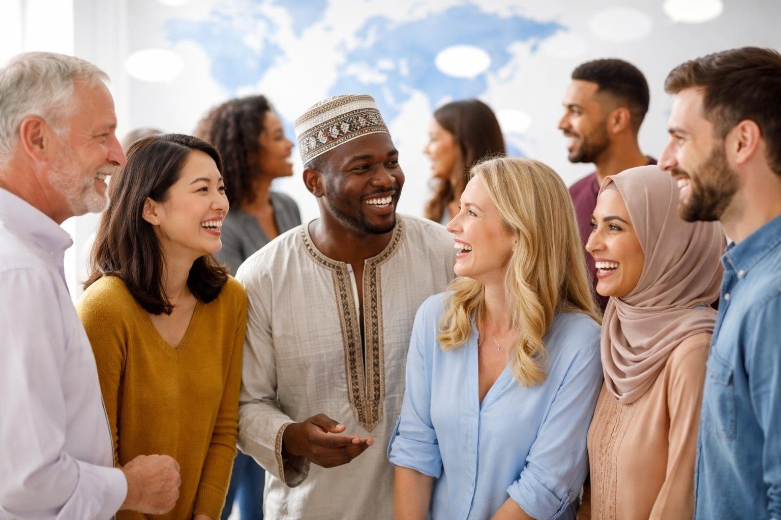 Grupo diverso de pessoas conversando e interagindo em um ambiente moderno, representando comunicação global.
