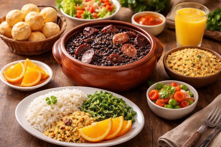 Mesa rústica com pratos típicos da região sudeste do Brasil, incluindo feijoada, arroz, couve, laranja, farofa e pão de queijo.