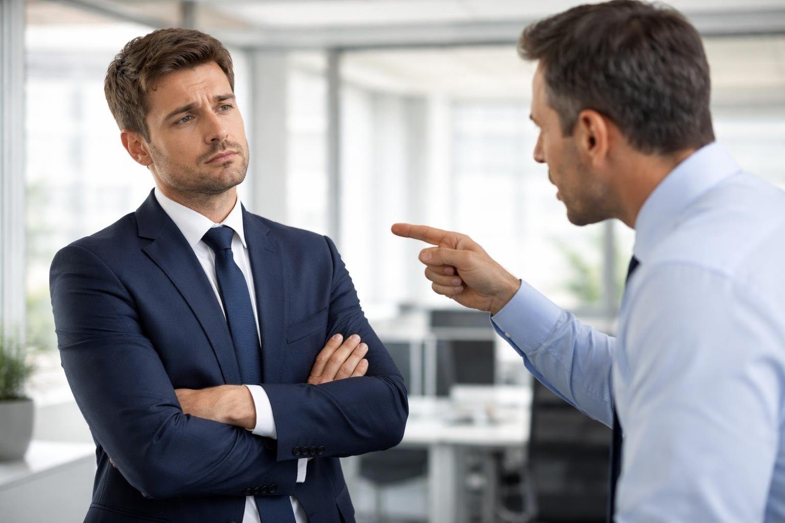 Um homem com expressão magoada e braços cruzados conversa de forma séria com outra pessoa em um escritório moderno.