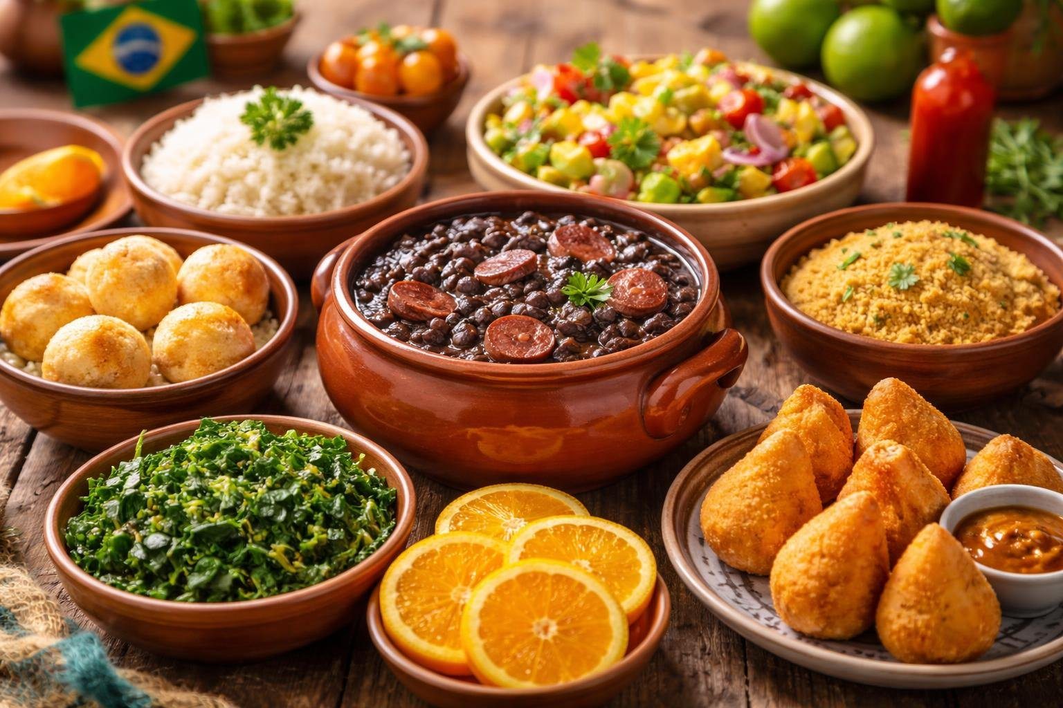 Mesa com diversos pratos típicos da região Sudeste do Brasil, incluindo feijoada, pão de queijo, coxinha e salada com frutas tropicais.