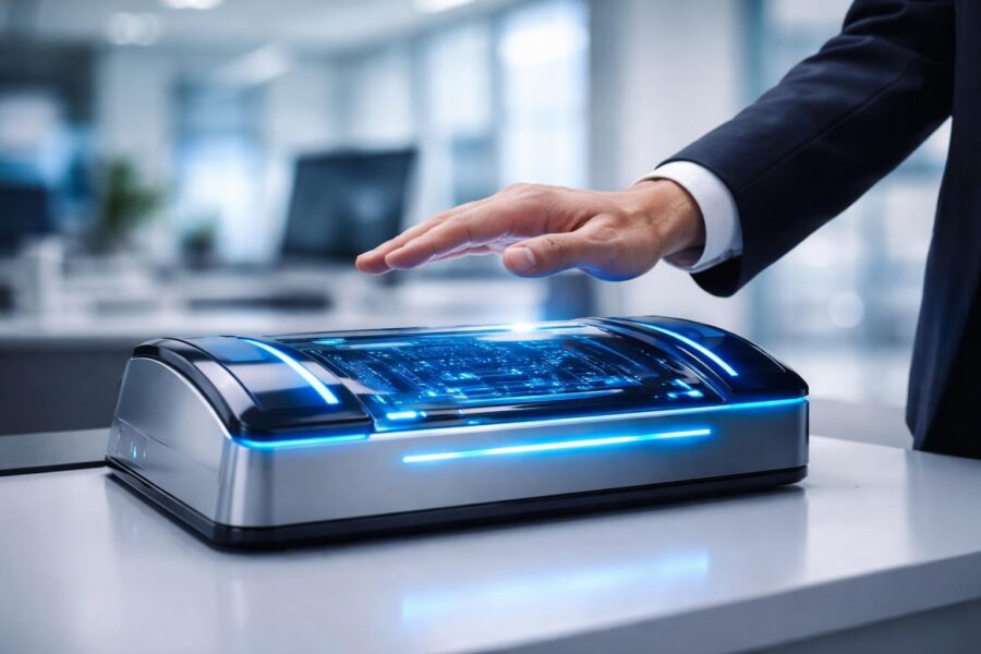Uma mão sendo escaneada por um dispositivo de segurança futurista em um ambiente de escritório moderno.