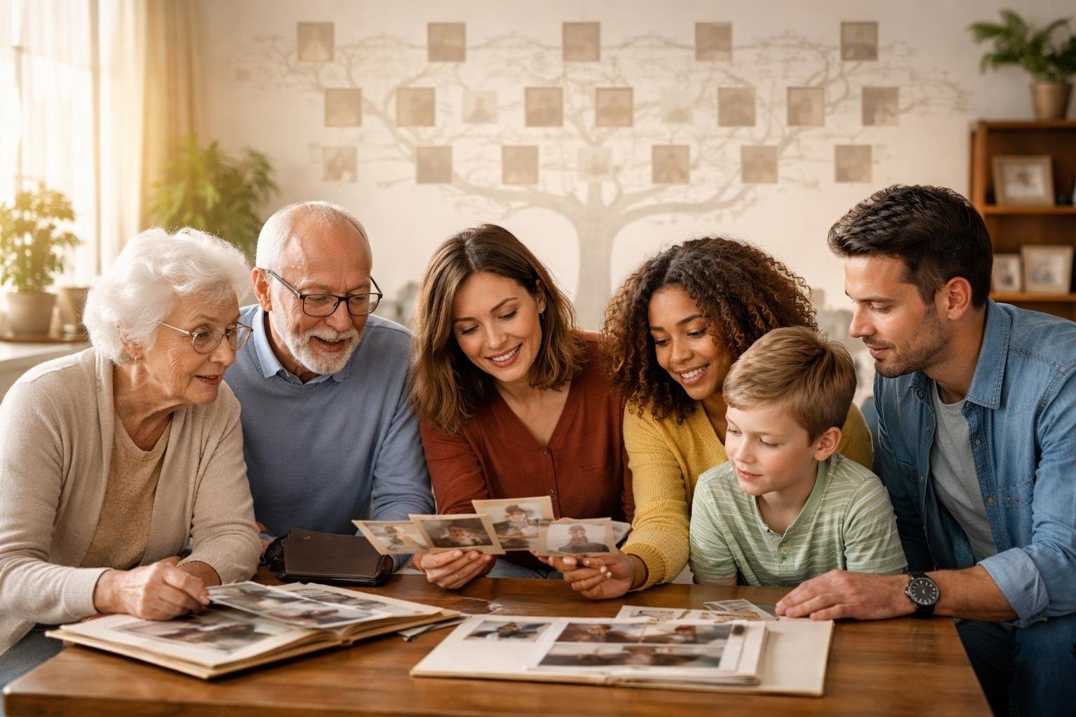 Uma família multigeracional reunida em uma sala iluminada, olhando fotografias antigas e documentos, representando a exploração da árvore genealógica e gerações futuras.