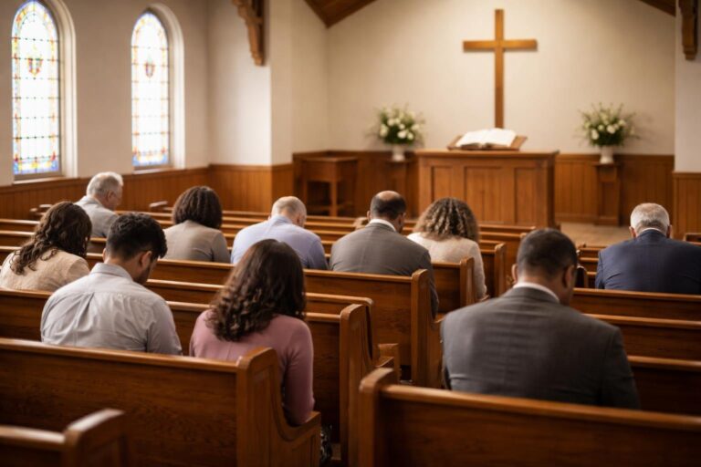Pessoas em uma igreja batista sentadas em bancos de madeira, com cabeças baixas em oração, em um ambiente simples e reverente.