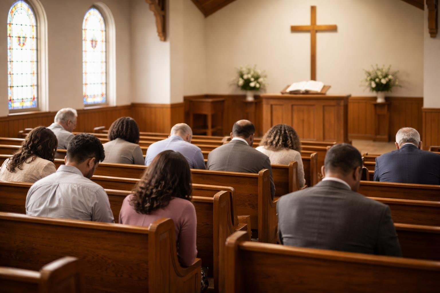 Pessoas em uma igreja batista sentadas em bancos de madeira, com cabeças baixas em oração, em um ambiente simples e reverente.