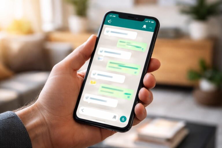 Uma mão segurando um smartphone com a tela do WhatsApp aberta, mostrando mensagens coloridas, em um ambiente interno desfocado.