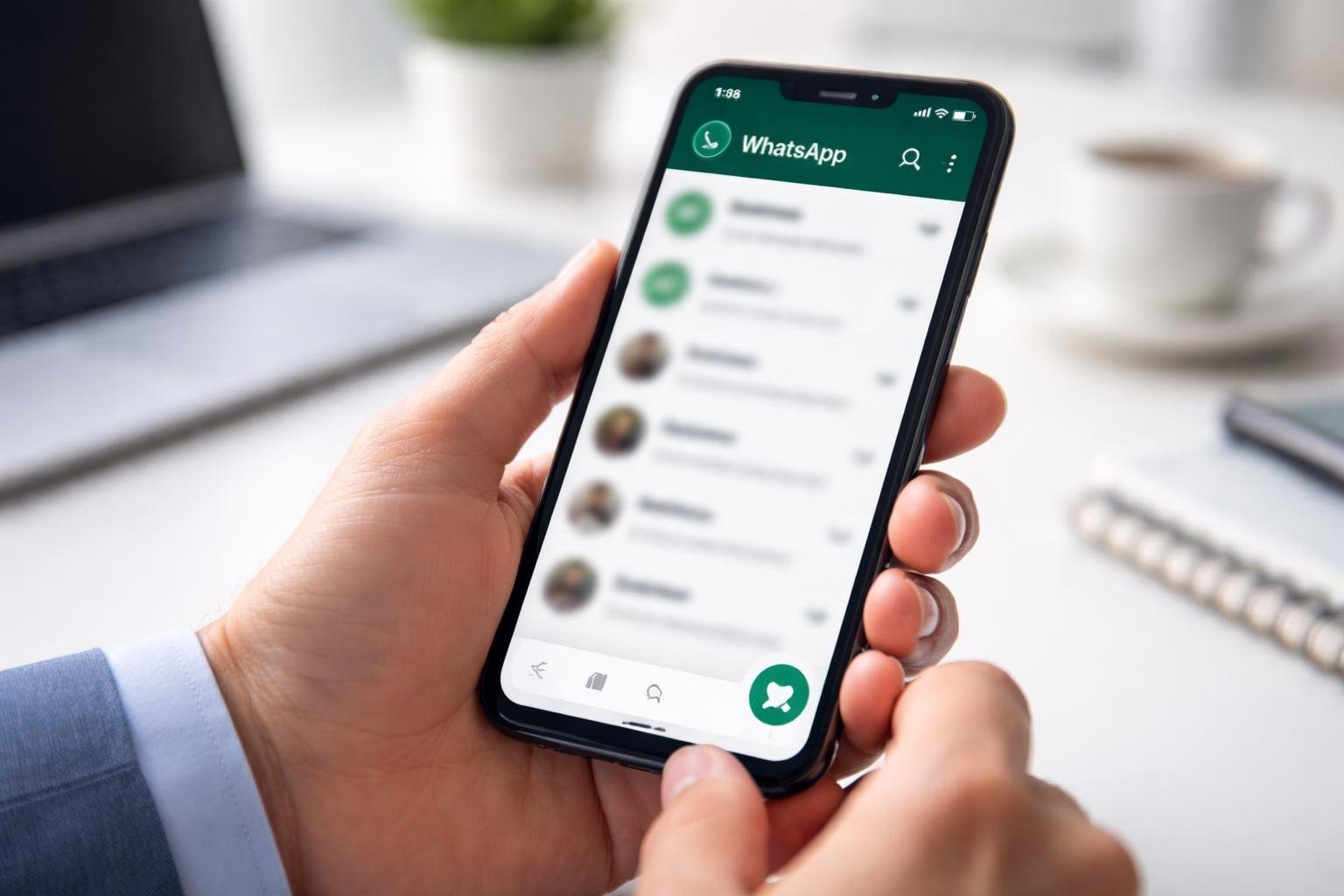 Pessoa segurando um smartphone mostrando a tela do WhatsApp em um ambiente de trabalho claro e organizado.