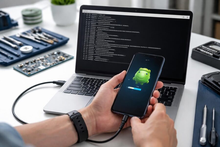 Uma pessoa trabalhando em um laptop com um smartphone Xiaomi conectado, mostrando o processo de atualização ou reparo do dispositivo.