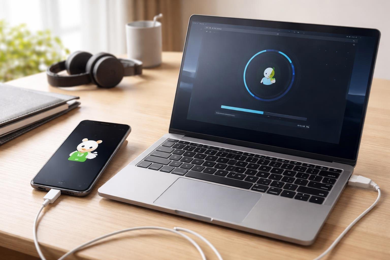 Um smartphone Xiaomi conectado a um laptop mostrando o processo de fastboot em um ambiente de trabalho moderno.