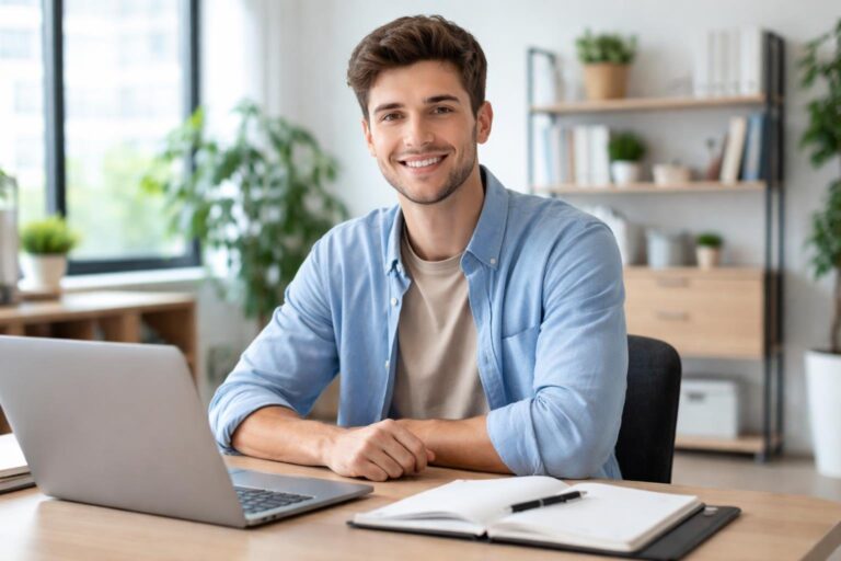 Um jovem homem sorridente sentado em uma mesa de escritório moderna com laptop e cadernos, em um ambiente iluminado e com plantas.