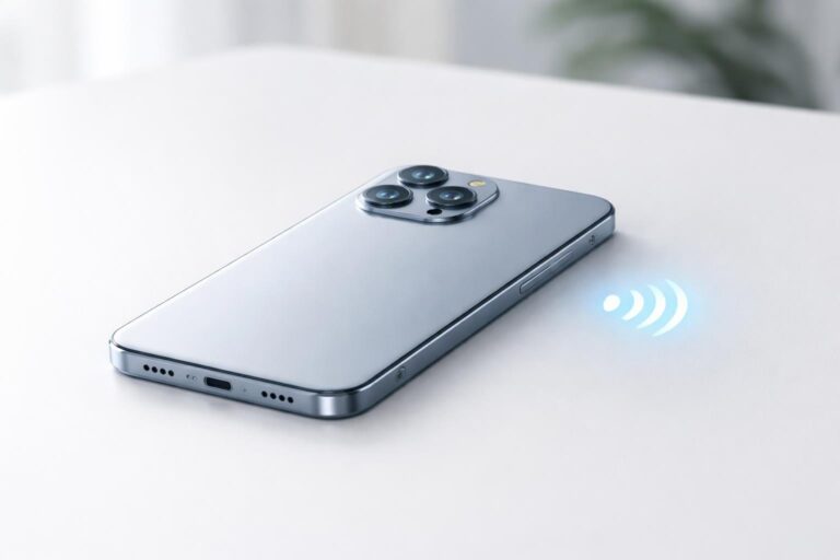 Um smartphone moderno sobre uma superfície branca, com um ícone de NFC brilhando ao lado.