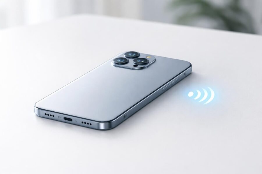Um smartphone moderno sobre uma superfície branca, com um ícone de NFC brilhando ao lado.