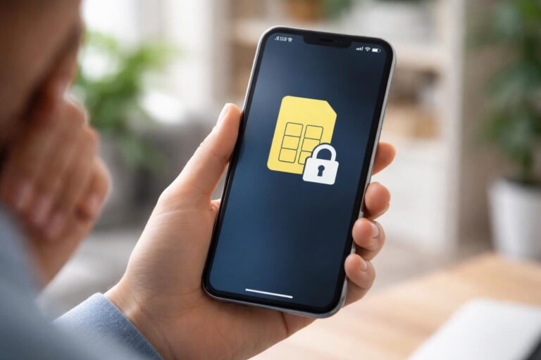 Pessoa segurando um smartphone com um ícone de chip bloqueado na tela.