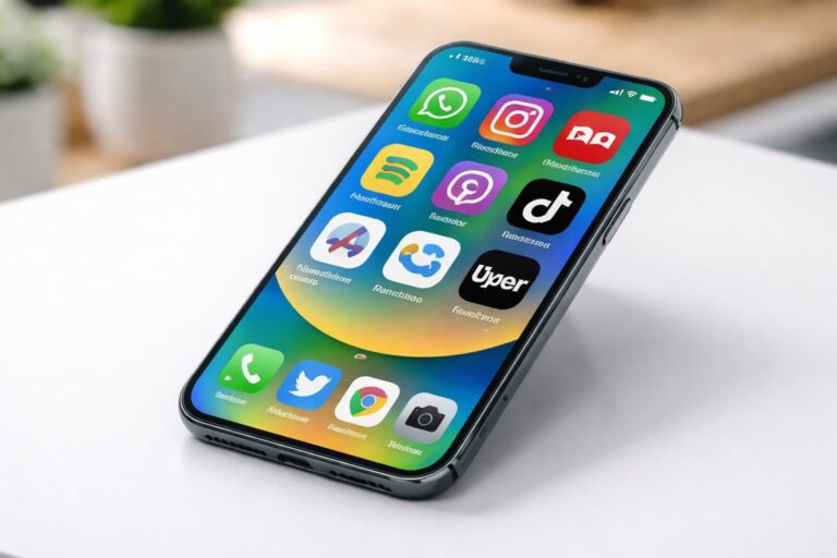 Um smartphone moderno brasileiro sobre uma superfície branca, com a tela mostrando ícones coloridos de aplicativos.