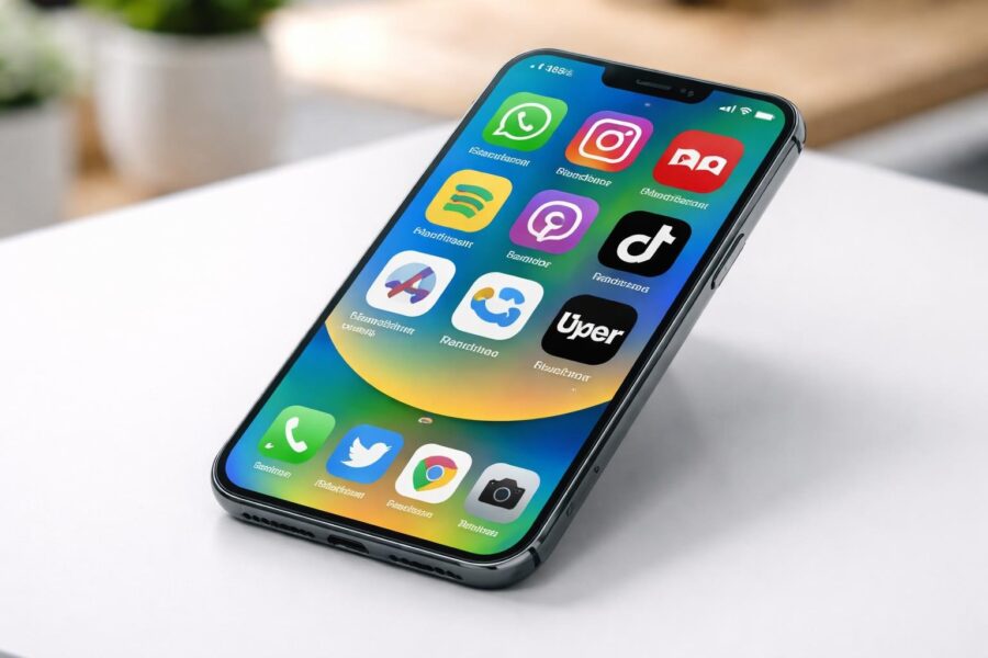Um smartphone moderno brasileiro sobre uma superfície branca, com a tela mostrando ícones coloridos de aplicativos.