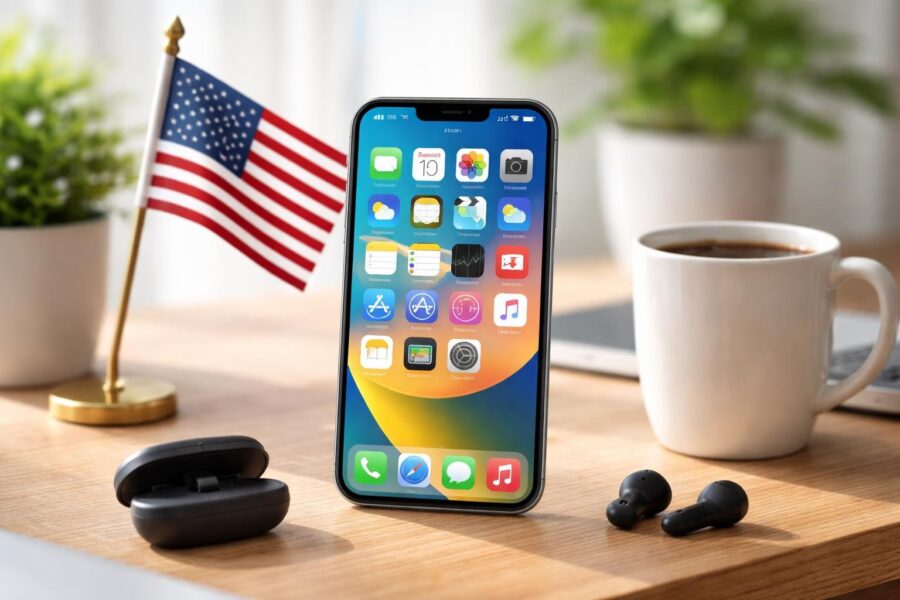 Um iPhone moderno sobre uma mesa de madeira clara, com uma pequena bandeira americana ao lado e uma caneca de café branca.