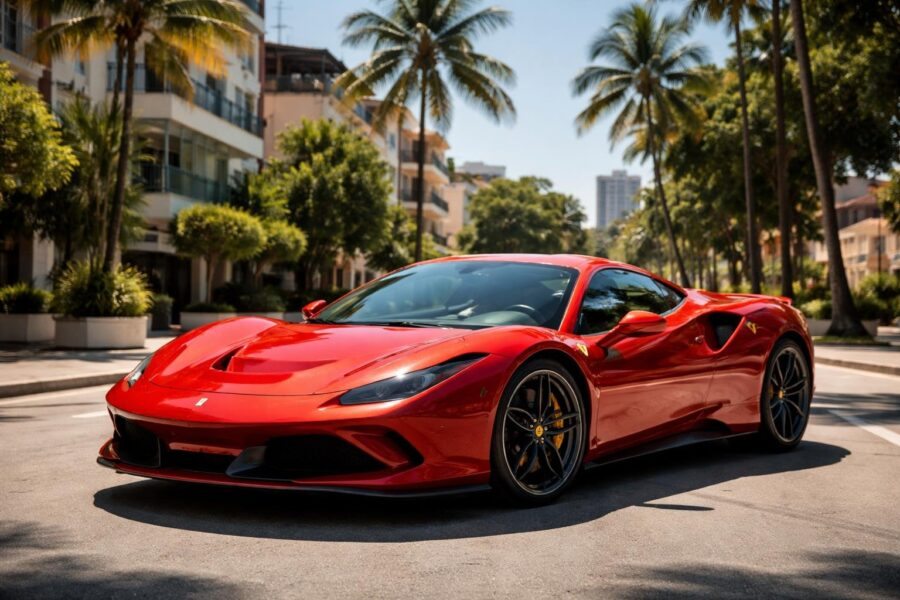 Um carro esportivo Ferrari vermelho estacionado em uma rua urbana com árvores e prédios ao fundo.