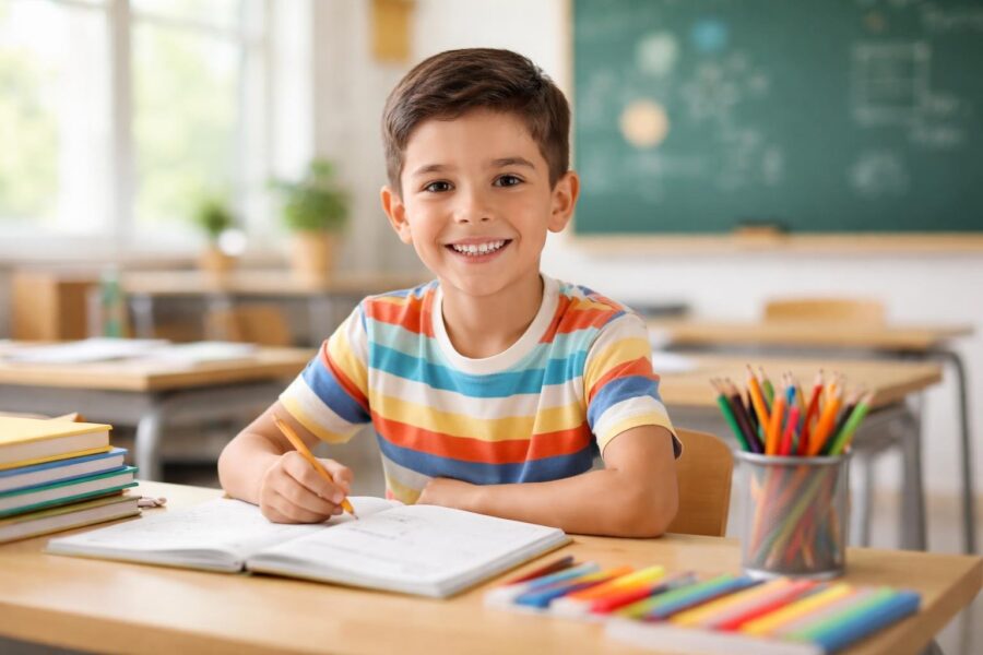 Menino sorrindo sentado em uma mesa de madeira em uma sala de aula iluminada, com livros e materiais escolares ao redor.