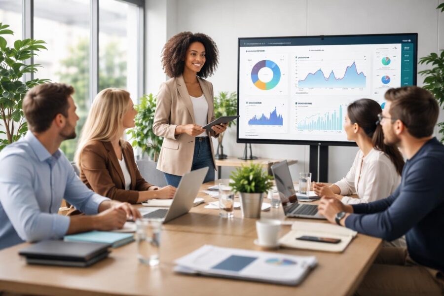 Grupo de profissionais em reunião de negócios em escritório moderno discutindo programas de bem-estar corporativo.