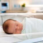 Bebê recém-nascido dormindo em posição cefálica em um berço hospitalar, envolto em cobertor claro, em ambiente hospitalar calmo.