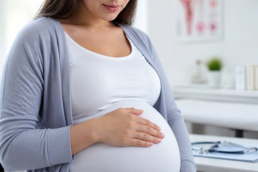 Mulher grávida tocando suavemente a barriga em consultório médico.