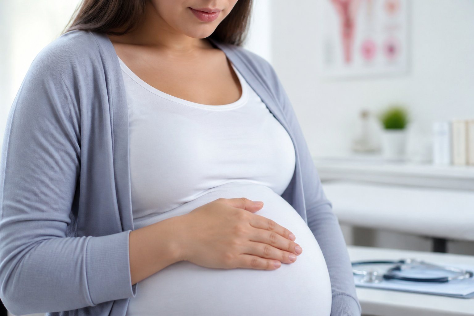 Mulher grávida tocando suavemente a barriga em consultório médico.