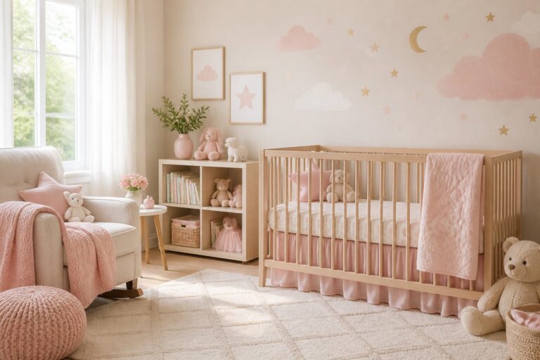 Quarto de bebê iluminado com berço, brinquedos e decoração suave, transmitindo aconchego e esperança.