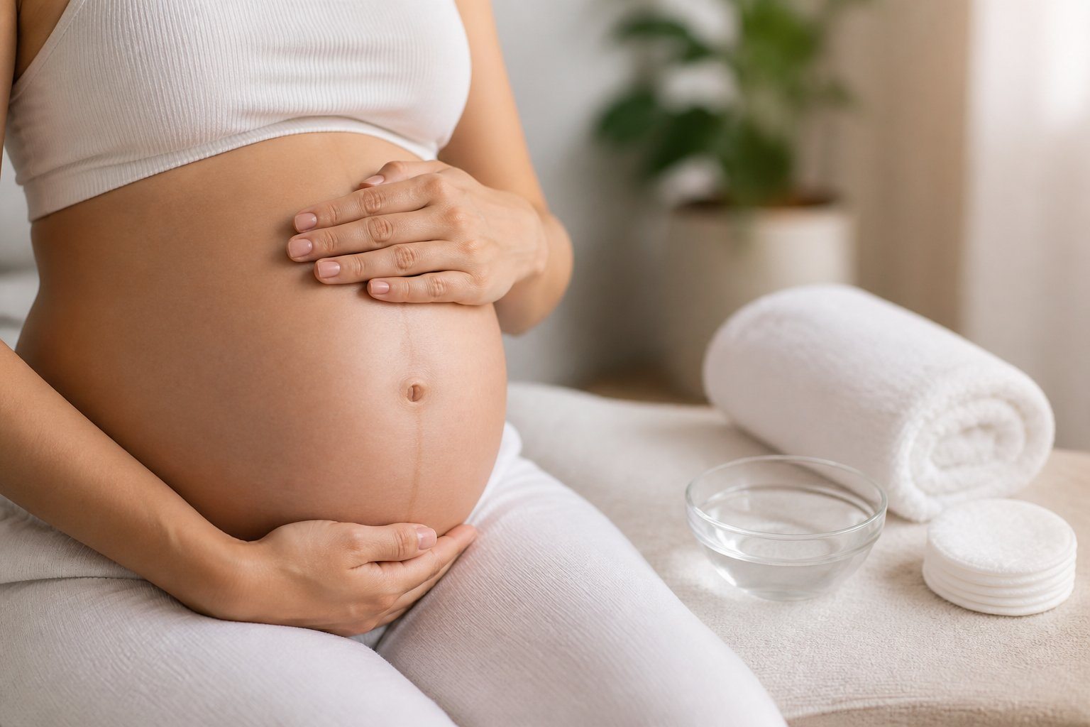 Mulher grávida com as mãos sobre a barriga, ao lado de itens de cuidado pessoal em uma superfície limpa.