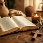 Um livro bíblico aberto sobre uma mesa de madeira com uma pequena cruz de madeira e um ramo de oliveira ao lado, iluminados por uma luz suave em um ambiente acolhedor.