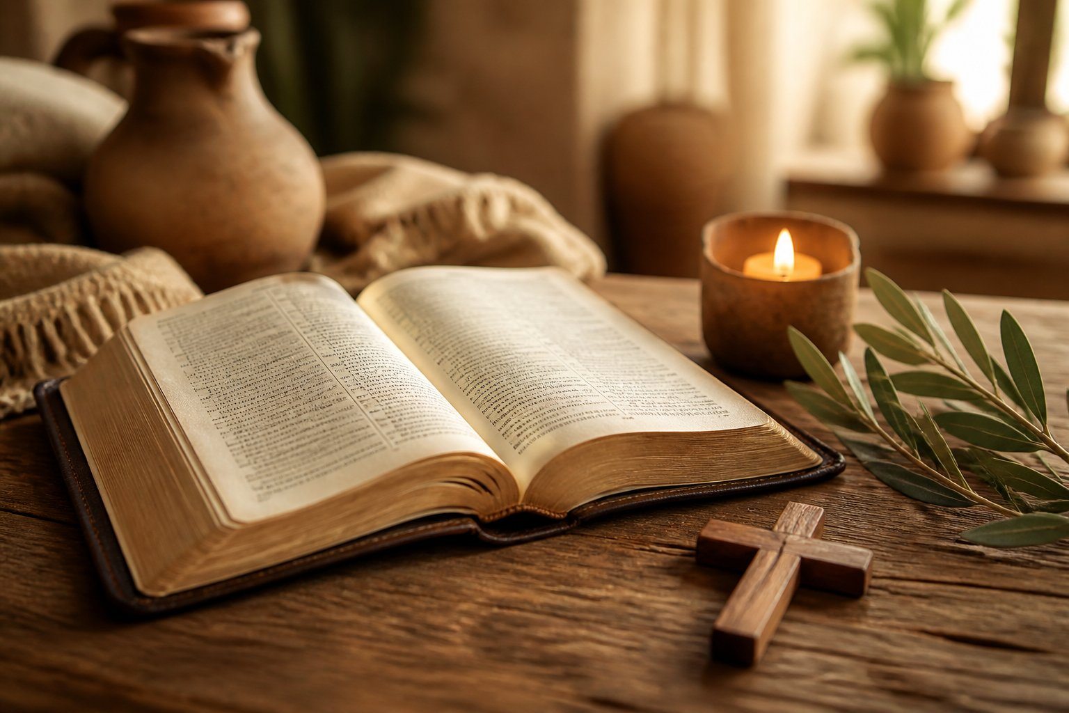 Um livro bíblico aberto sobre uma mesa de madeira com uma pequena cruz de madeira e um ramo de oliveira ao lado, iluminados por uma luz suave em um ambiente acolhedor.