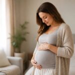 Mulher grávida de 11 semanas acariciando a barriga em um ambiente interno acolhedor.
