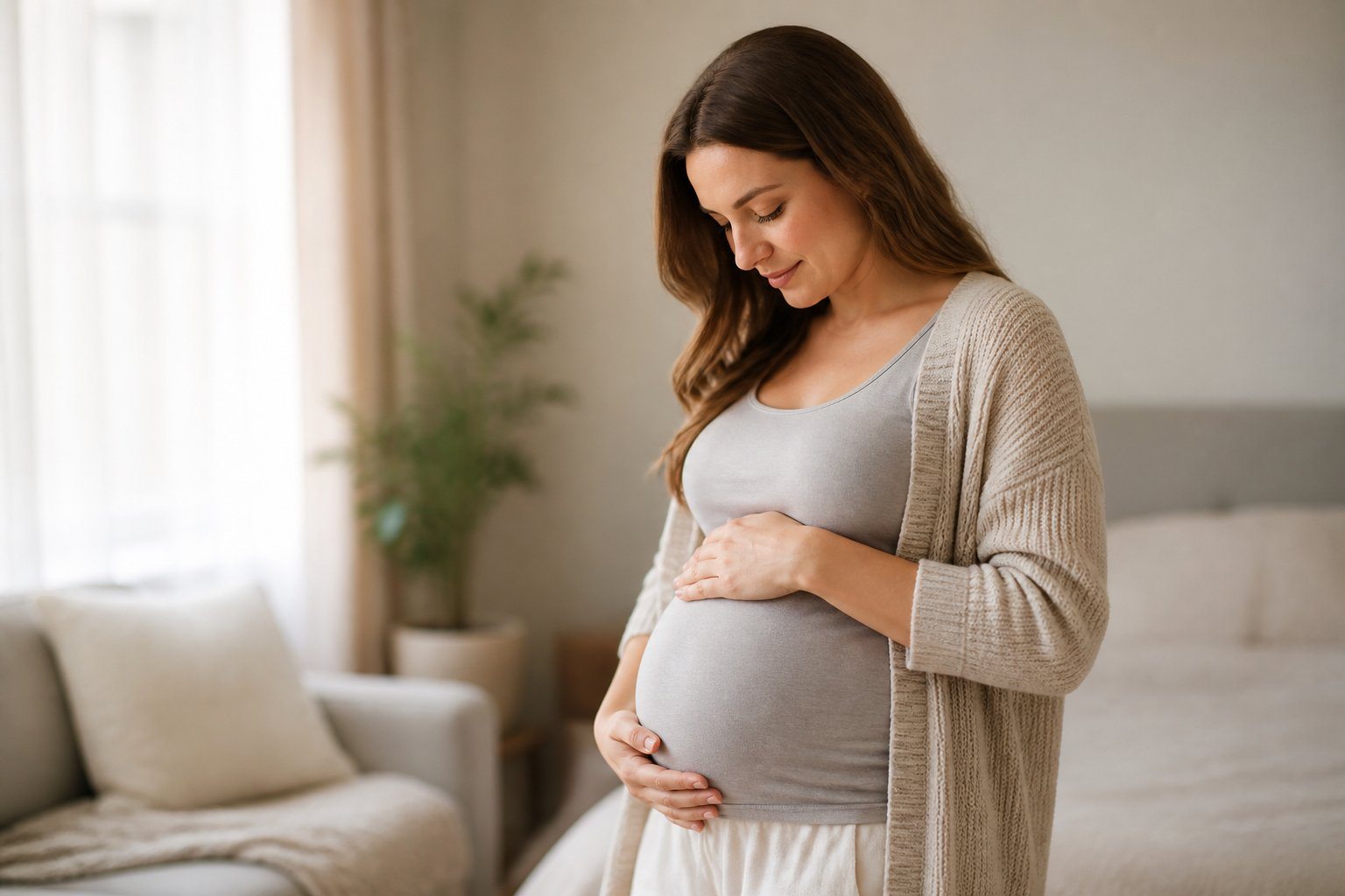 Mulher grávida de 11 semanas acariciando a barriga em um ambiente interno acolhedor.