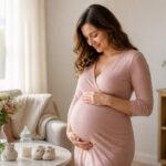 Mulher grávida acariciando a barriga em uma sala iluminada e acolhedora.