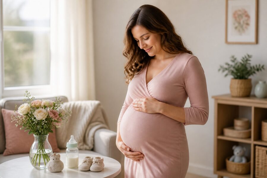 Mulher grávida acariciando a barriga em uma sala iluminada e acolhedora.
