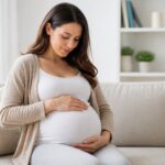 Mulher grávida tocando suavemente a barriga em um ambiente tranquilo, transmitindo cuidado e bem-estar.