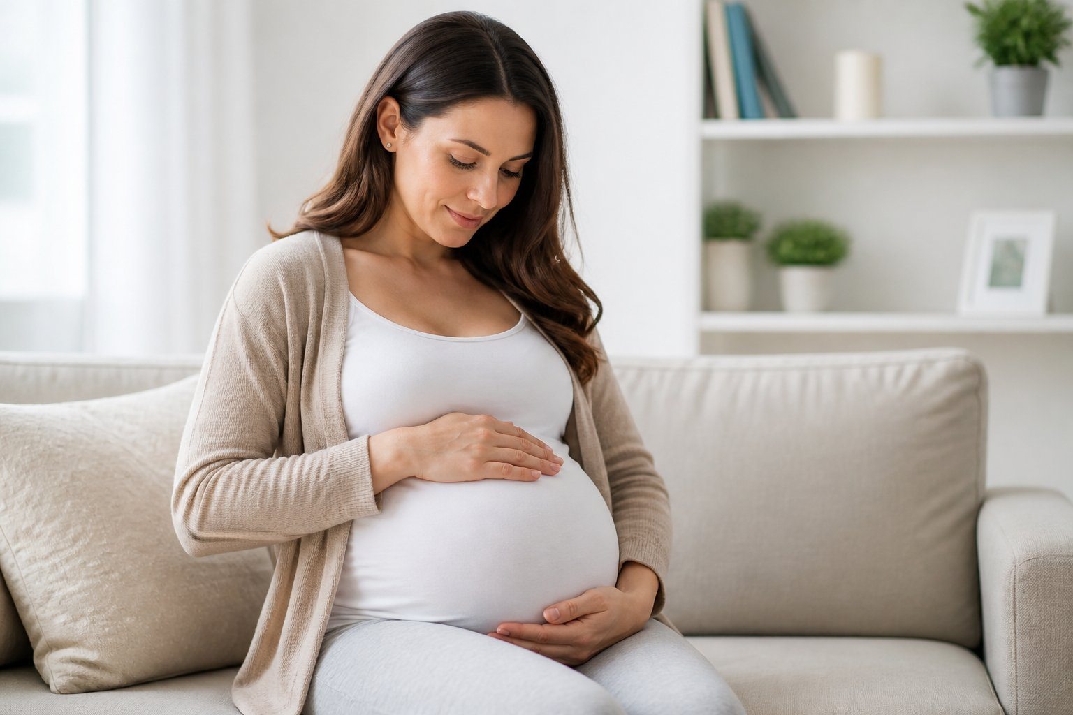 Mulher grávida tocando suavemente a barriga em um ambiente tranquilo, transmitindo cuidado e bem-estar.