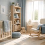 Quarto de bebê masculino moderno e acolhedor com berço, brinquedos e estante, iluminado por luz natural.