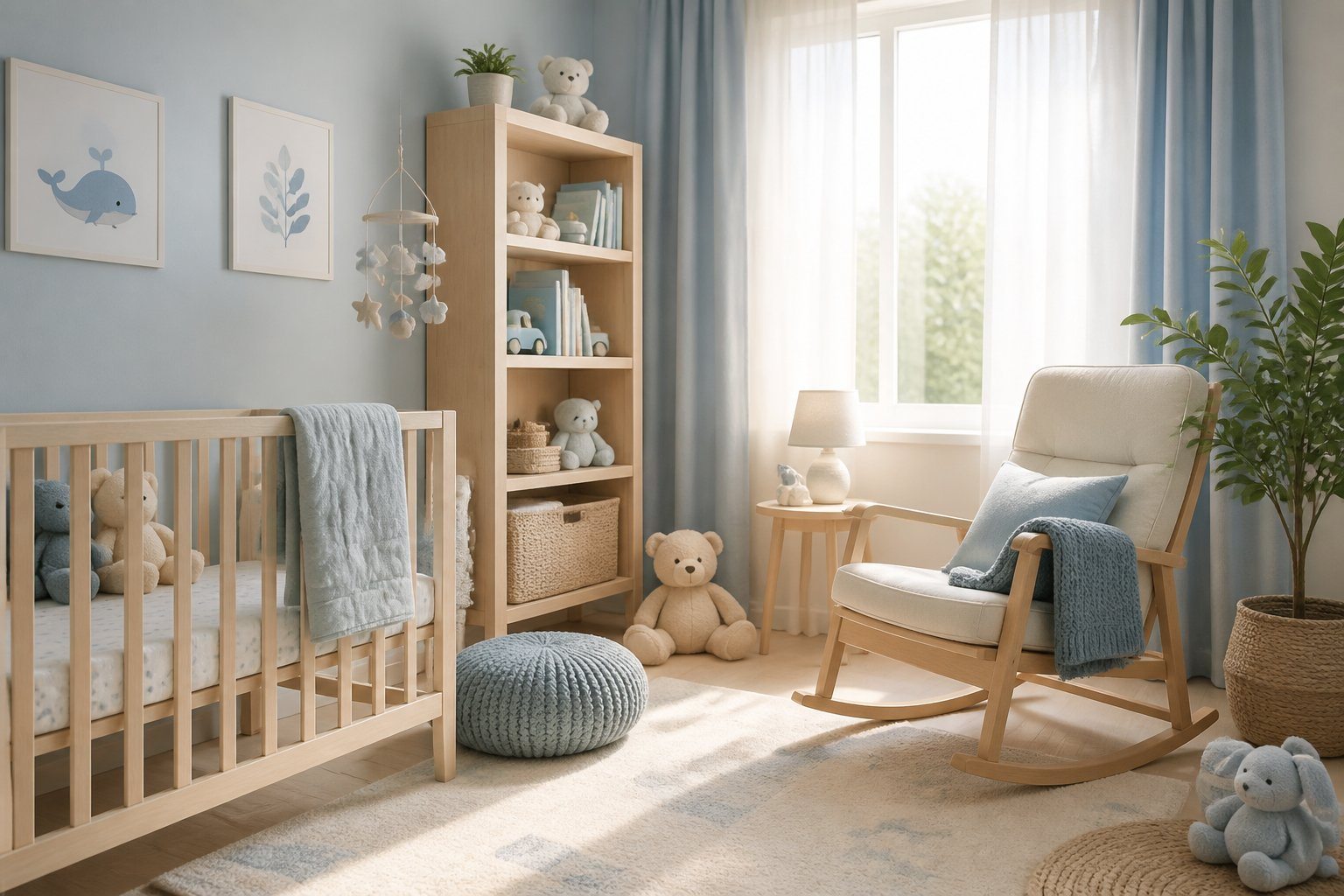 Quarto de bebê masculino moderno e acolhedor com berço, brinquedos e estante, iluminado por luz natural.