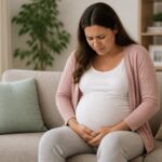 Mulher grávida sentada no sofá segurando a região pélvica com expressão de desconforto.