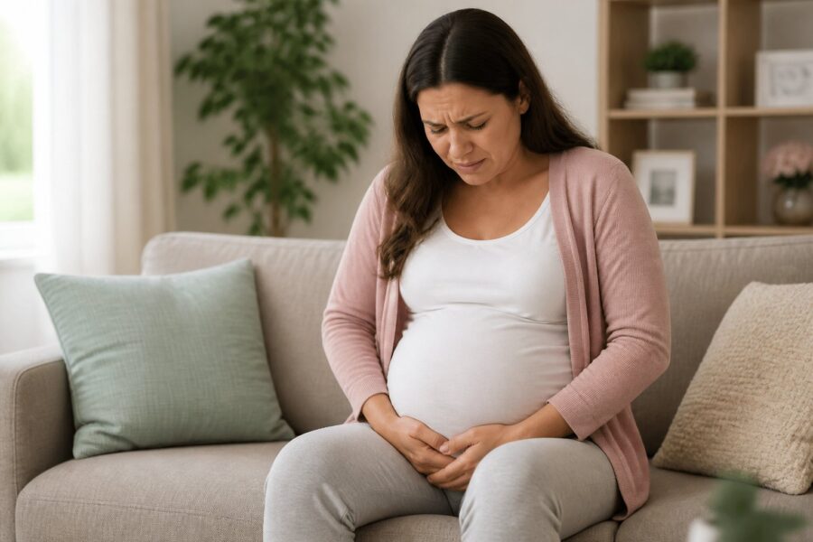 Mulher grávida sentada no sofá segurando a região pélvica com expressão de desconforto.