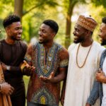 Grupo de homens africanos conversando ao ar livre em roupas tradicionais e casuais, com vegetação ao fundo.