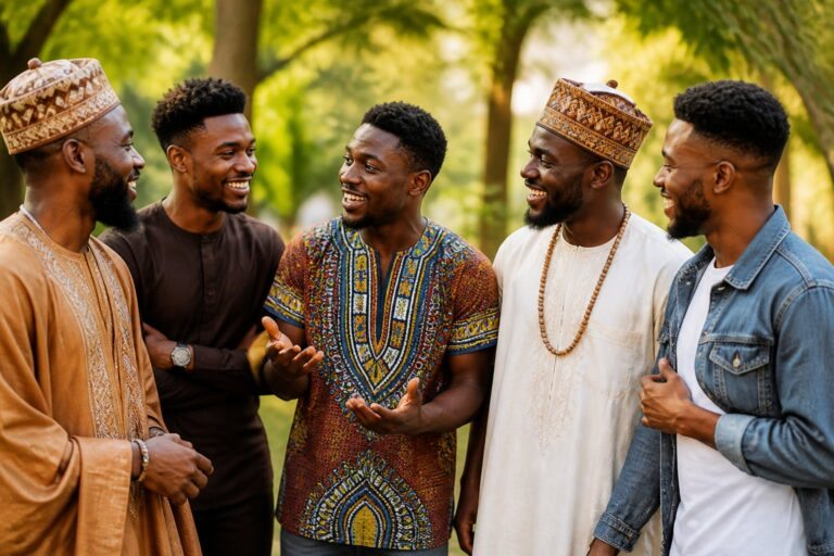 Grupo de homens africanos conversando ao ar livre em roupas tradicionais e casuais, com vegetação ao fundo.