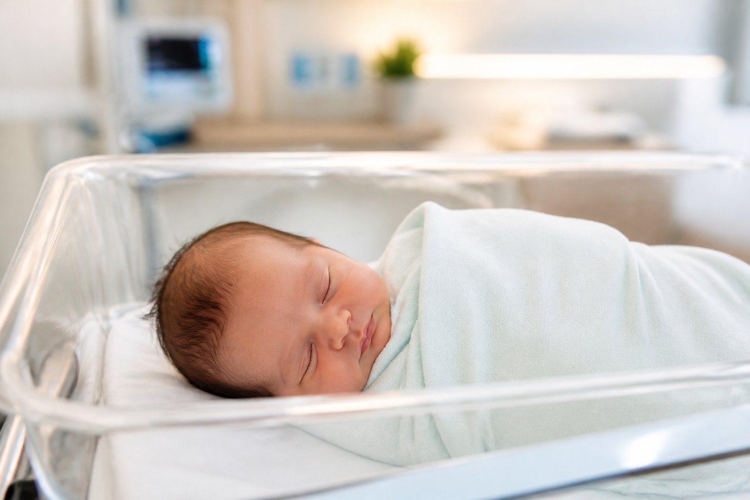 Bebê recém-nascido dormindo em posição cefálica em um berço hospitalar, envolto em cobertor claro, em ambiente hospitalar calmo.