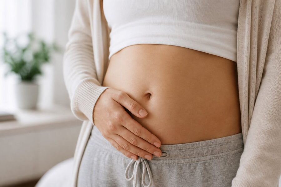 Mulher com um mês de gravidez tocando suavemente a barriga em um ambiente tranquilo.