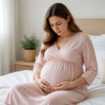 Mulher grávida sentada na cama, com expressão pensativa, tocando suavemente a barriga em um quarto iluminado naturalmente.